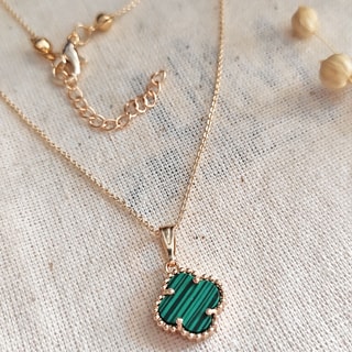 Collier trèfle - Laiton plaqué or & malachite