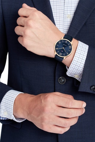 Leren en Doublé Roségoud Quartz Horloge Becker - Marineblauw