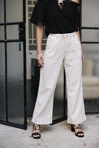 Pantalon flare en lin taille haute Esmée Monterey - Ecru et bleu foncé