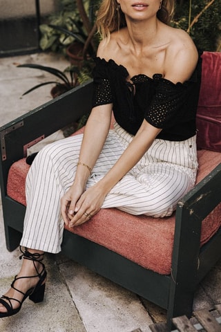 Pantalon flare en lin taille haute Esmée Monterey - Ecru et bleu foncé