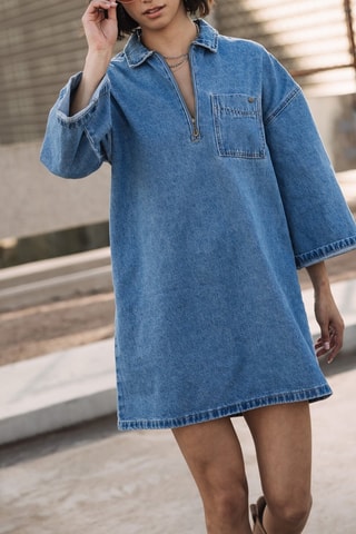 Vestido trapézio de ganga - Azul-claro