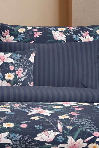 2 fronhas em cetim de algodão 80 fios/cm² Fleur de minuit - Azul-escuro e rosa