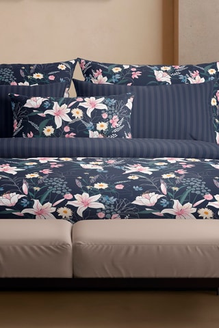 2 fronhas em cetim de algodão 80 fios/cm² Fleur de minuit - Azul-escuro e rosa
