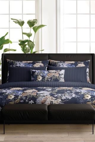 2 fronhas em cetim de algodão 80 fios/cm² Bouquet d'Hortensias - Azul-noite e bege