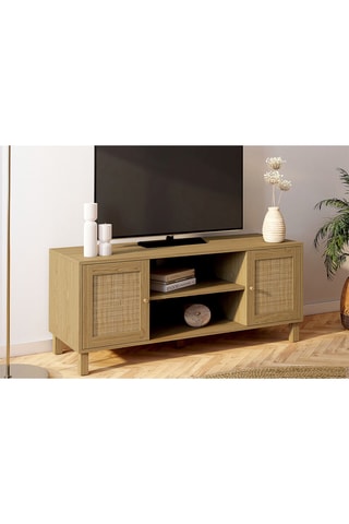 Meuble TV 2 portes Erin - Pieds en pin - Façades en rotin - 115 x 40 x 48 cm