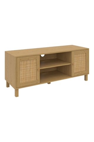 Meuble TV 2 portes Erin - Pieds en pin - Façades en rotin - 115 x 40 x 48 cm