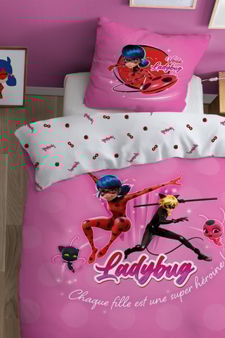 Conjunto de edredão em algodão Miraculous Ladybug - Fúcsia e branco