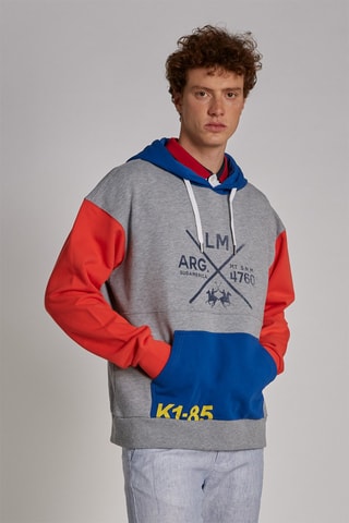 Sweat polaire à capuche - Gris chiné, rouge et bleu