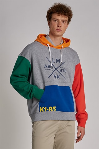 Sweat polaire à capuche - Gris chiné, rouge et vert