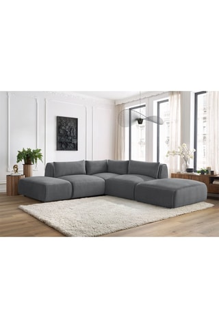Canapé d'angle modulable et 2 poufs Jeanne - Gris foncé - 5 places - En tissu velours