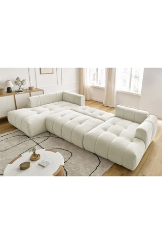 Canapé d'angle droit panoramique convertible Fugi - Beige - 5 places - Tissu toucher lisse - Couchage 324 x 135 cm