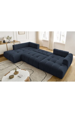 Canapé d'angle droit panoramique convertible Fugi - Bleu foncé - 5 places - Tissu toucher lisse - Couchage 324 x 135 cm
