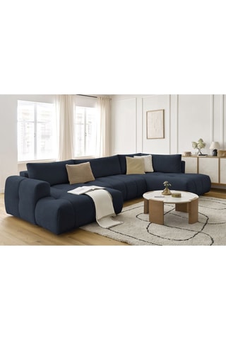 Canapé d'angle gauche panoramique convertible Fugi - Bleu foncé - 5 places - Tissu toucher lisse - Couchage 324 x 135 cm