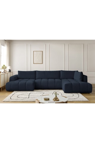 Canapé d'angle gauche panoramique convertible Fugi - Bleu foncé - 5 places - Tissu toucher lisse - Couchage 324 x 135 cm