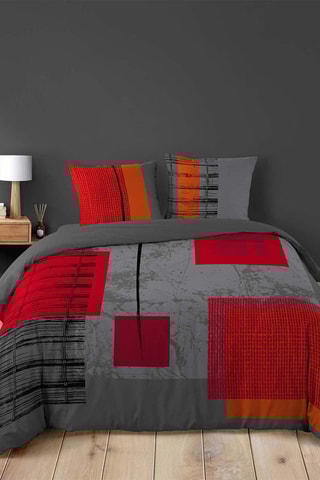 Parure de couette en coton - 42 fils/cm² Quadro - Gris et rouge