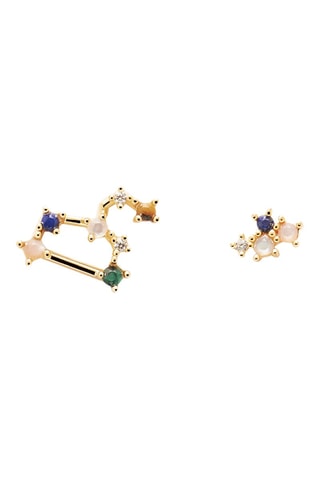 2 boucles d'oreilles Zodiac Leo - Argent plaqué or jaune, quartz rose, malachite, nacre, lapis-lazuli et œil-de-tigre