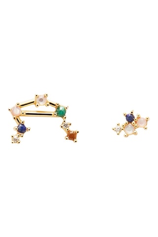 2 boucles d'oreilles Zodiac Libra - Argent plaqué or jaune, quartz rose, malachite, nacre, lapis-lazuli et œil-de-tigre