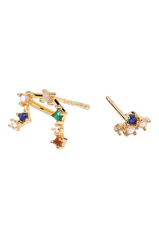 2 boucles d'oreilles Zodiac Libra - Argent plaqué or jaune, quartz rose, malachite, nacre, lapis-lazuli et œil-de-tigre