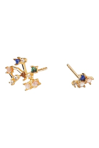 2 boucles d'oreilles Zodiac Sagittarius - Argent plaqué or jaune, quartz rose, malachite, nacre, lapis-lazuli et œil-de-tigre