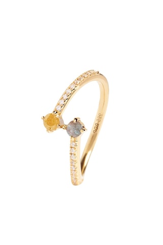 Bague Villa Ring Juno -  Argent plaqué or jaune, zircons et labradorites