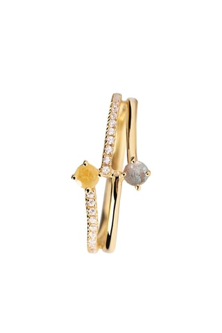 Bague Patio Ring Juno -  Argent plaqué or jaune, zircons et labradorites