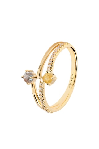 Bague Patio Ring Juno -  Argent plaqué or jaune, zircons et labradorites