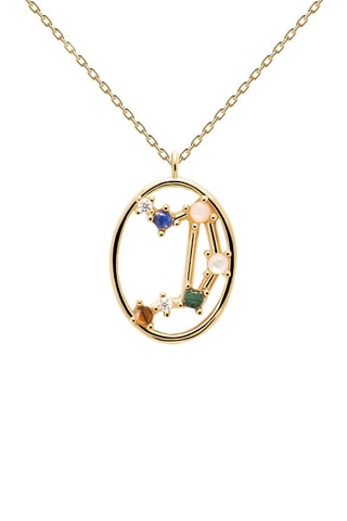Collier Zodiac Libra - Argent plaqué or jaune, quartz rose, malachite, nacre, lapis-lazuli et œil-de-tigre