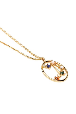 Collier Zodiac Libra - Argent plaqué or jaune, quartz rose, malachite, nacre, lapis-lazuli et œil-de-tigre