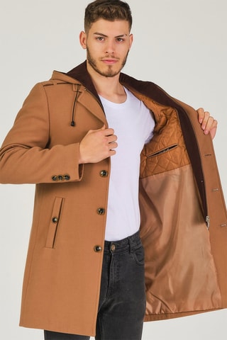 Manteau à capuche en laine - Camel