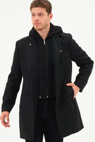 Sobretudo com capuz em lã Preto