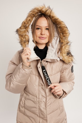 Lange gewatteerde jas met capuchon - Lichtbeige