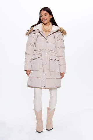 Lange gewatteerde jas met capuchon - Beige