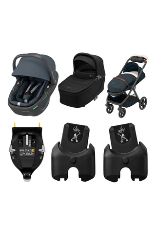 1 x Siège-auto - Noir - Dès la naissance - 40 à 75 cm, 1 x Adaptation pour nacelle, 1 x Poussette pliable Oxford Essential, 1 x Nacelle Sense, 1 x Base siège-auto FamilyFix 360 et 1 x Moufles Maxi-cosi