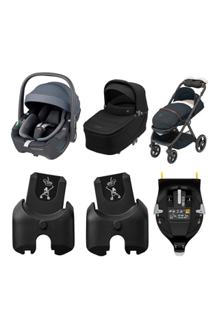 1 x Poussette pliable Oxford Essential, 1 x Adaptateur pour nacelle, 1 x Nacelle Sense, 1 x Moufles Maxi-Cosi, 1 x siège auto Pebble 360 et 1 x Base siège-auto FamilyFix 360