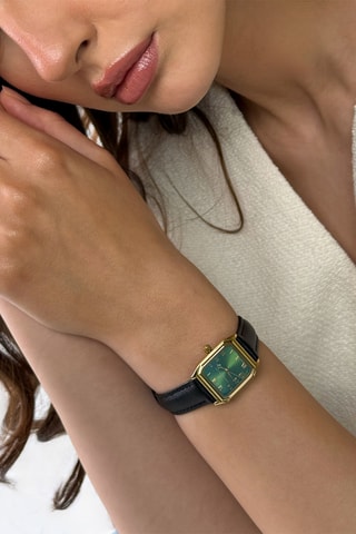 Leren en Doublé Zilver Ion Quartz Horloge met Diamant Olympe