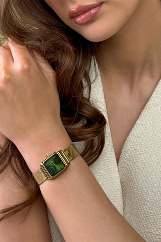 Leren en Doublé Zilver Ion Quartz Horloge met Diamant Olympe