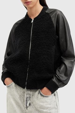 Veste regular en laine et cuir - Noir