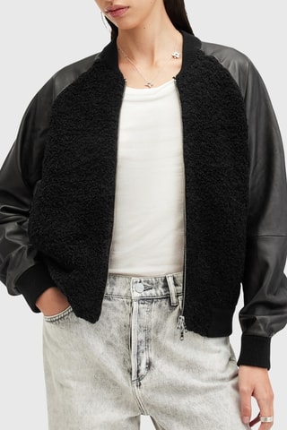 Veste regular en laine et cuir - Noir