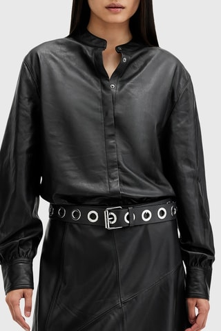 Camisa regular em couro de cordeiro - Preto