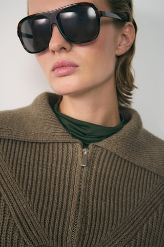 Pull-over maille côtelée col zippé - Kaki