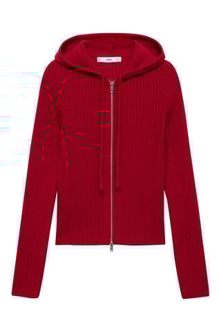 Cardigan maille côtelée capuche - Rouge