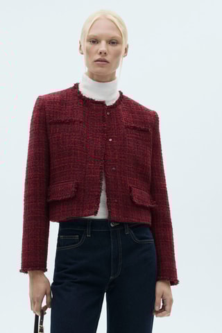 Veste tweed bords effilochés - Cerise