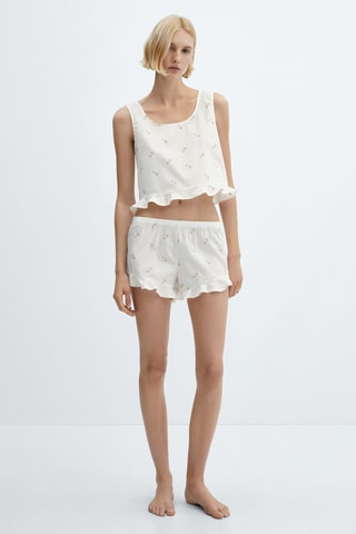 Haut pyjama coton broderie florale - Blanc