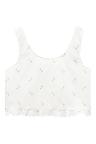 Haut pyjama coton broderie florale - Blanc