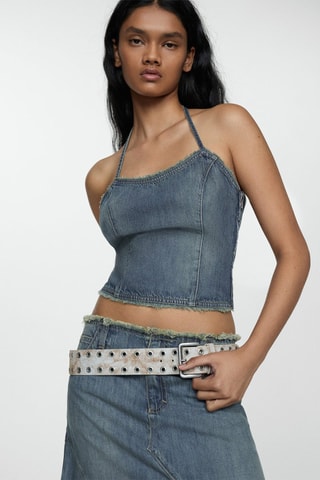 Top en jean bords effilochés - Bleu