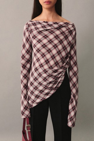 Blouse carreaux asymétrique - Blanc et rouge