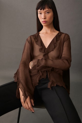 Blouse semi-transparente volants - Marron