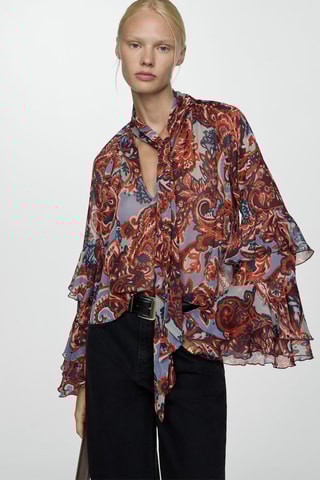 Blouse en imprimé cachemire à volants - Marron