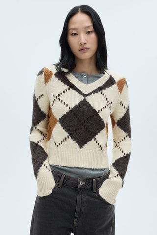 Pull-over losanges col V - Ecru