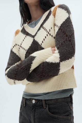 Pull-over losanges col V - Ecru